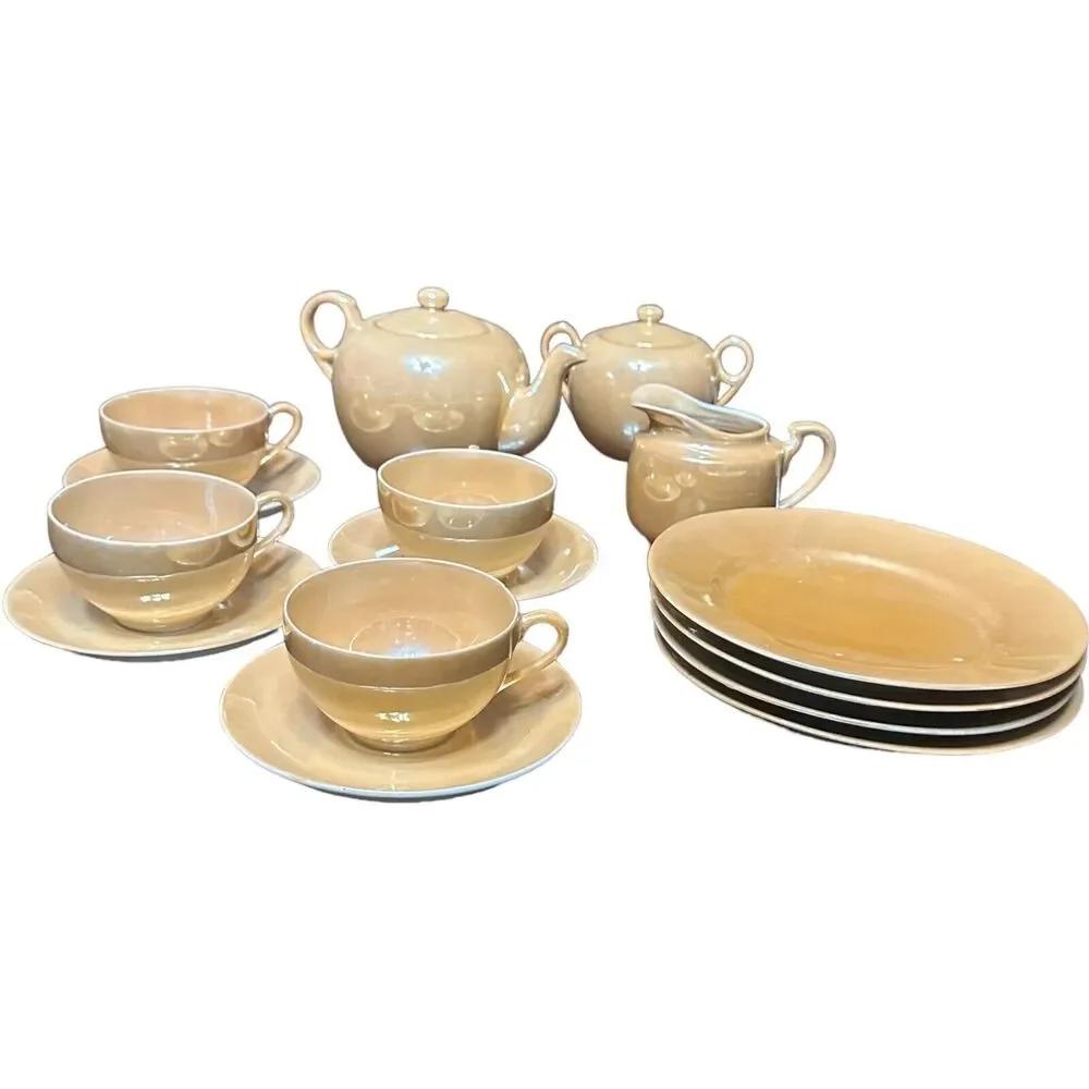 VTG Japan Lusterware Orange Tea Set 4 Cups, Saucer Dessert Plate Pot Sugar Cream